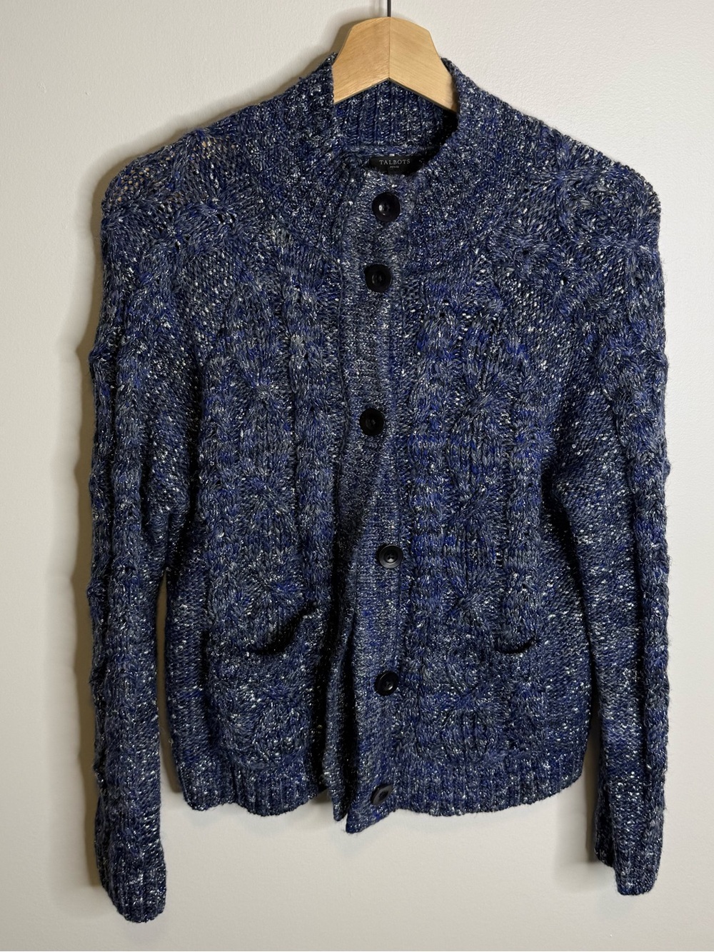 Talbots Speckled Navy Blue Button-Up Cable Cardigan size medium petite